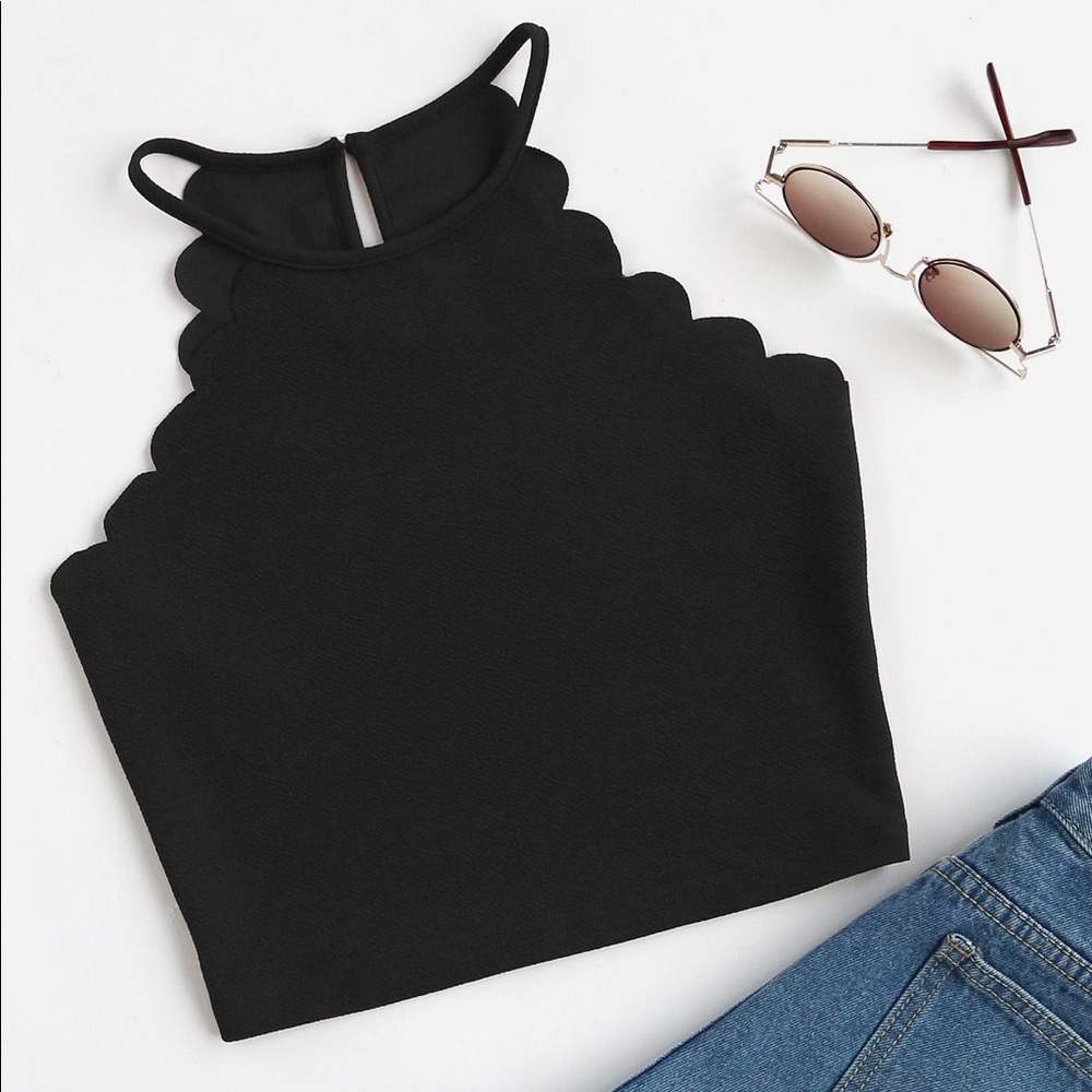 Black Scallop Halter Crop Top